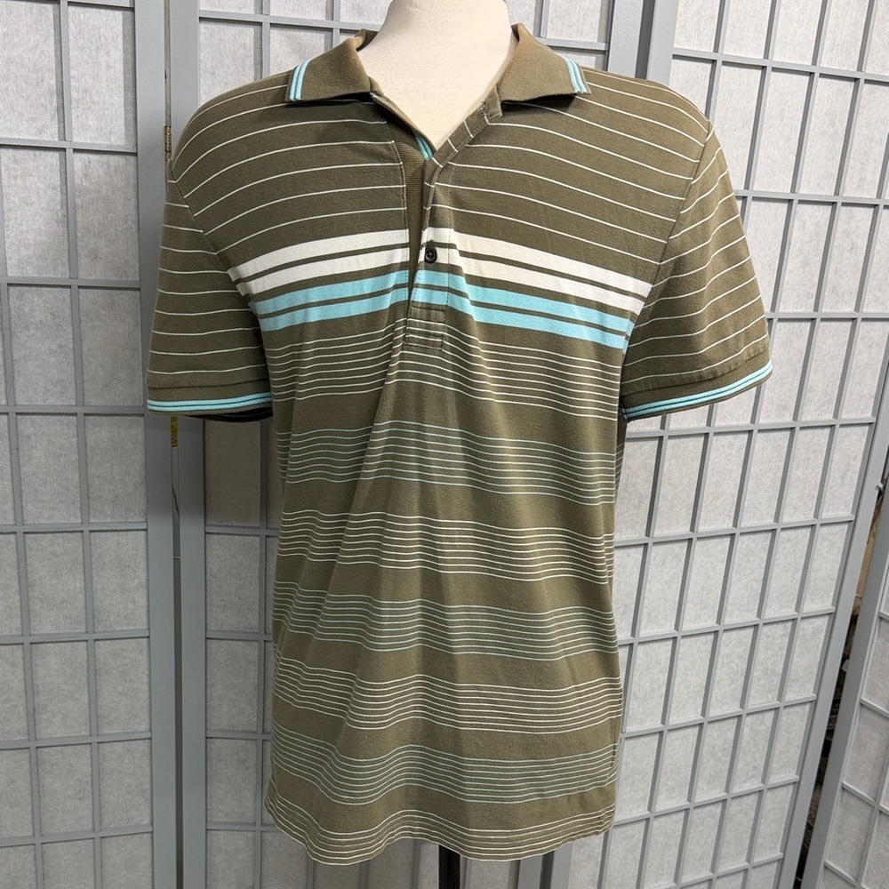 Tristan Men’s Olive Polo with Aqua and White Stripes, Medium